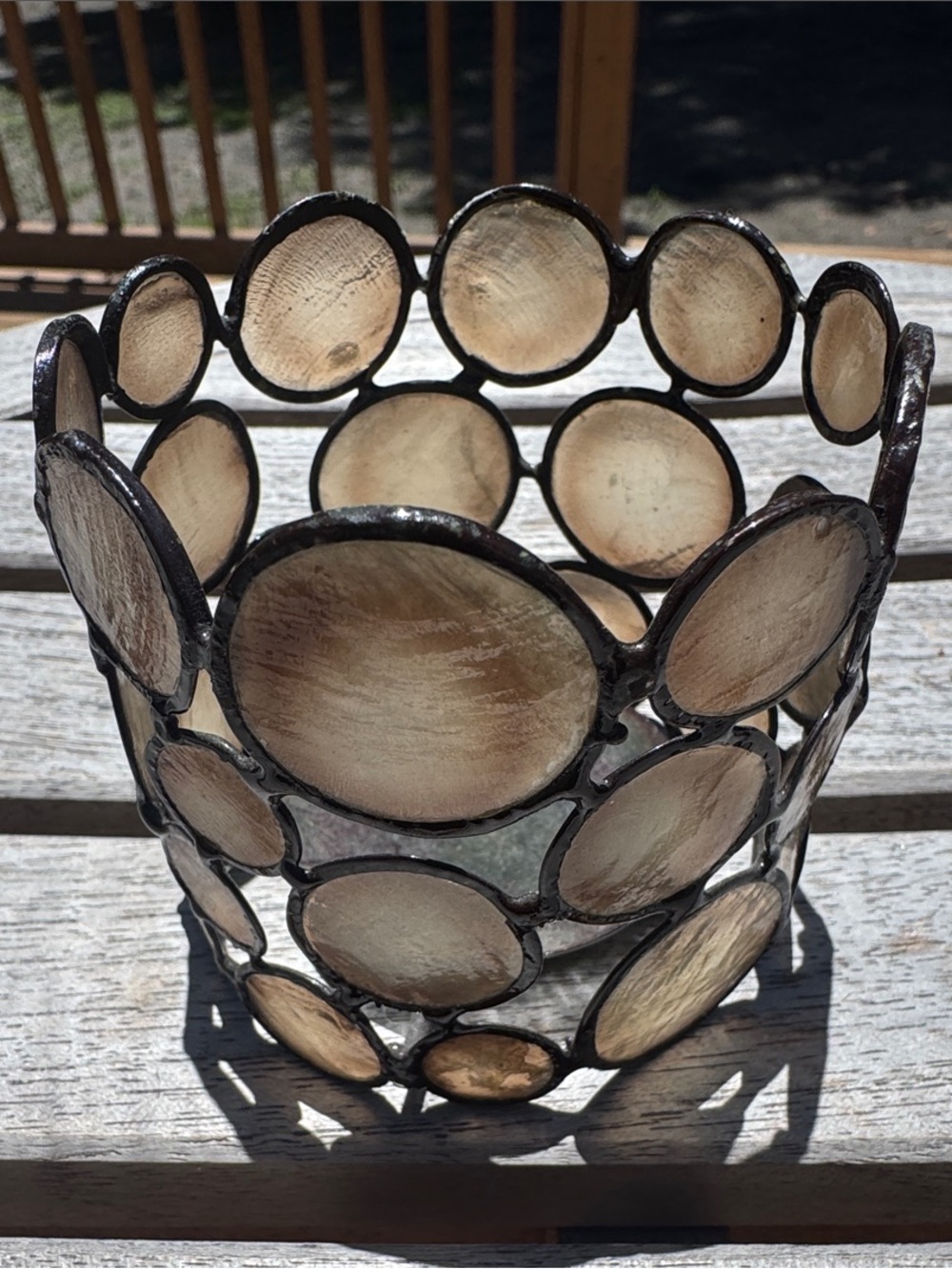 Neutral Beige Capiz Circle Candle Holder - Coastal Accent